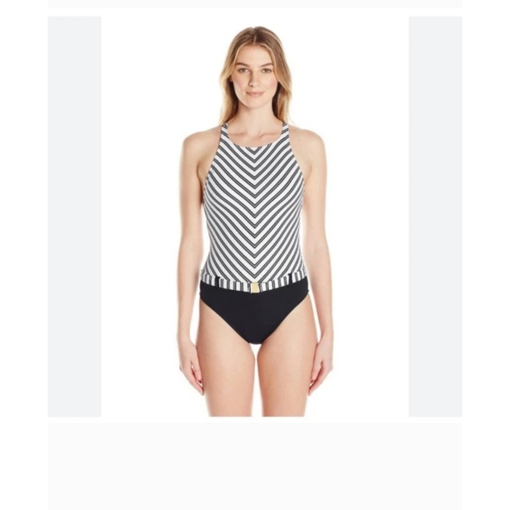 Bleu Rod Beattie Womens Black Striped High Neck Cross Back Swimsuit Size 6
